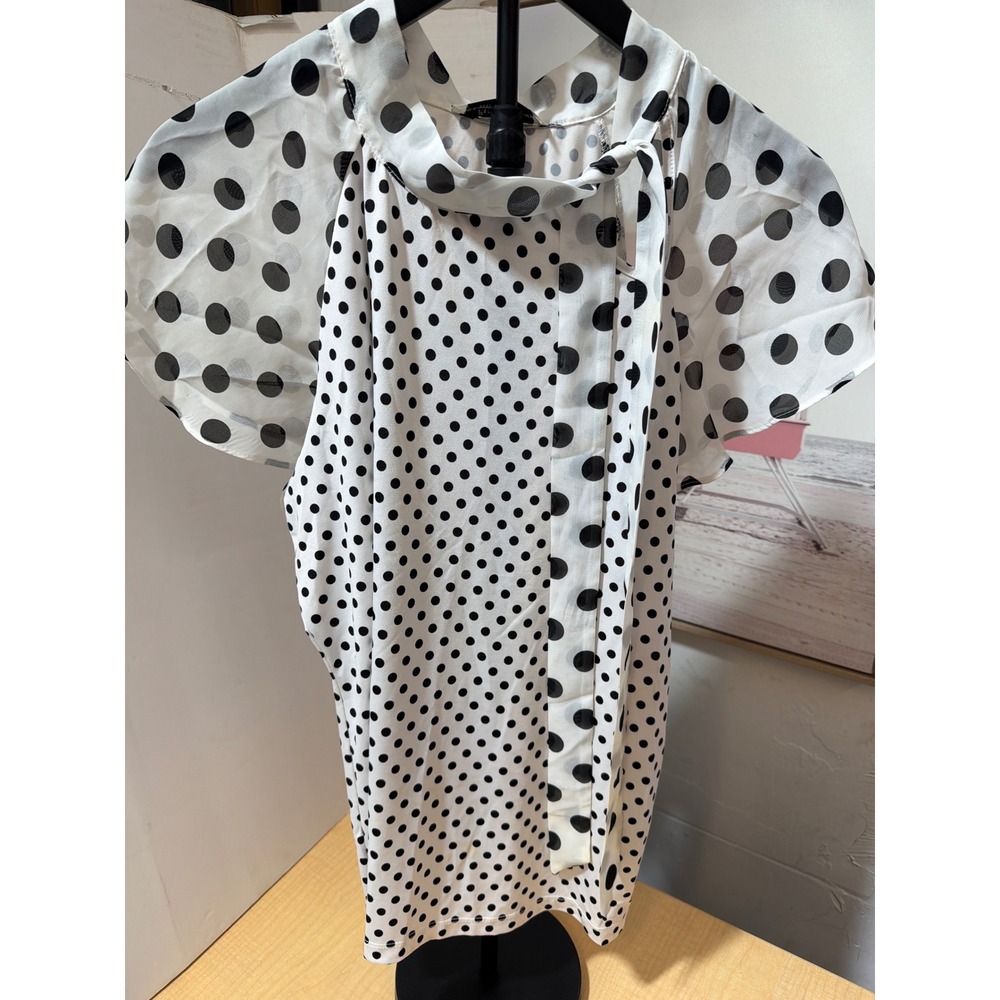 PerSeption Petite Polka Dot Tie Neck Blouse White Black‎ Short Sleeve Top PL